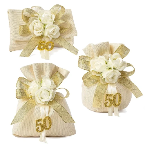 Bomboniere 2026 Sacchettini Portaconfetti con CONFEZIONE Nozze D\'Oro brillanti con fiore ed applicazione