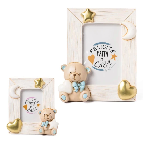 Bomboniere Linea Teo Maschio 2026 Orsetto con fiocco celeste Portafoto