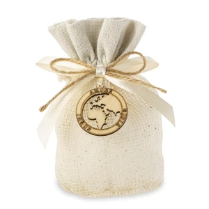 Sacchettino Tondo rustico idea orginale con ciondolo Tema Viaggio Amore, Gioia, Sogni OFFERTISSIMA