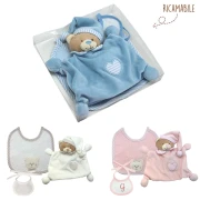 Kit 3 pz Orsetto Doudou + bavaglio + bavaglino ricamabile