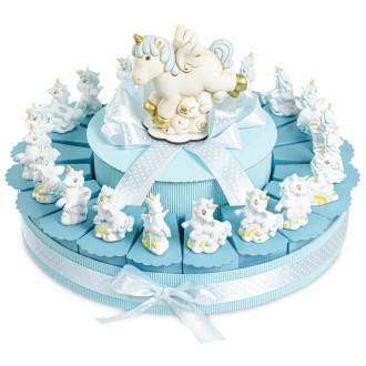 Torta porta bomboniere per battesimo nascita 1° compleanno a tema unicorni  cavalluccio celeste a dondolo per maschietto