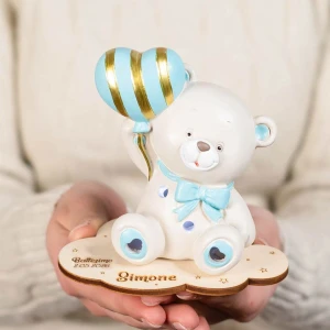 Bomboniera 2026 Battesimo e Nascita Maschio Orsetto PUPO in Resina Luce LED con Palloncino Cuore Celeste Personalizzabile