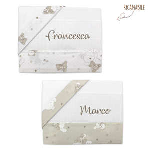 Coordinato lettino 3pz ricamabile con orsetti neutri - Made in italy