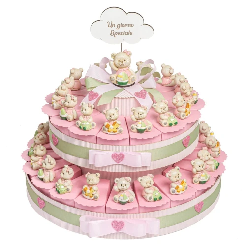 Torta Bomboniere da 35 Fette Orsetto con fiocco rosa