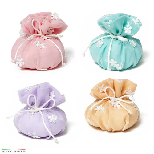 sacchetti puff organza ricamati margherite ROSA TIFFANY LILLA GIALLO
