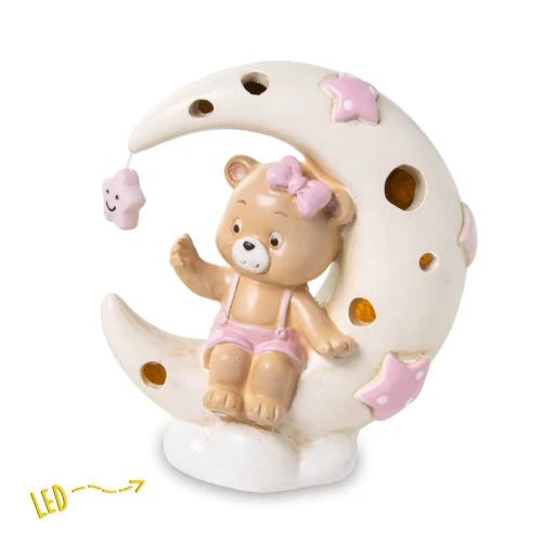 Bomboniera Battesimo e Nascita Orso sulla Luna Led Rosa in Resina