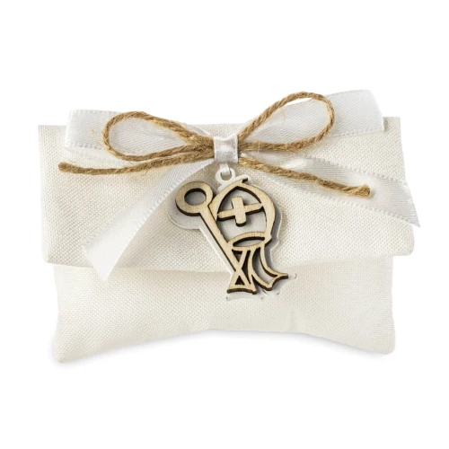 ULTIMI PEZZI 15 Sacchettini Portaconfetti Bustina Bianca con ciondolo cresima in legno 10x7 cm PREZZO PER TUTTI
