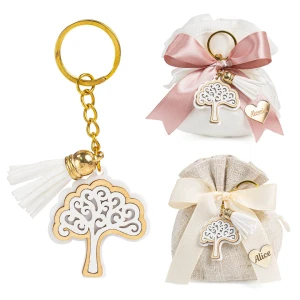 Bomboniere 2026 Portachiavi albero della vita in legno e resina con nappina