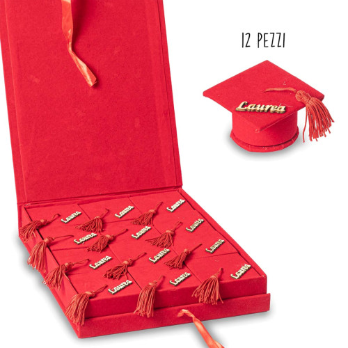Ultimi Pezzi Cofanetto grande con 12 scatoline Portaconfetti per Laurea a forma di tocco rosse con decoro in legno