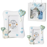 Bomboniera 2026 Battesimo e Nascita Maschio Portafoto Orsetto PUPO in Resina Celeste