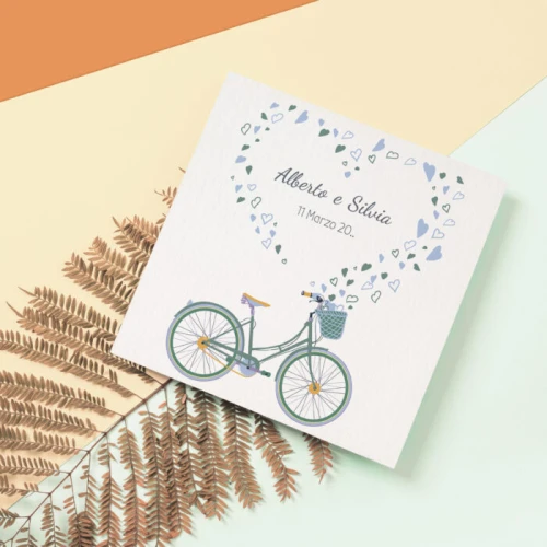 Partecipazione Matrimonio Originale con bicicletta e cuori Verde - Sesia