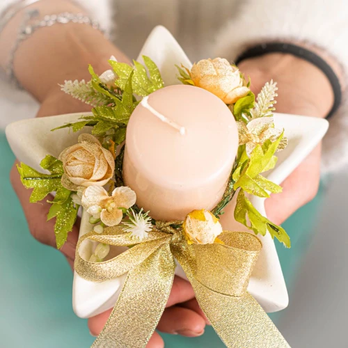 Idea Regalo Natale - Portacandela in ceramica a forma di stella con decorazione floreale