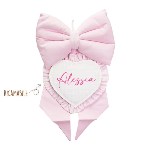 Fiocco Nascita rosa per nascita bimba con cuore ricamabile
