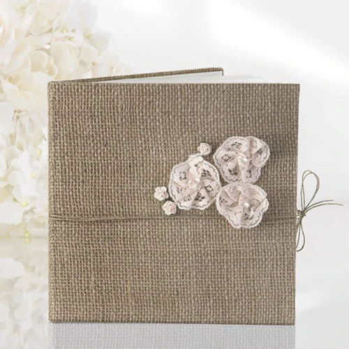 guest book 22 pag. shabby chic in juta, libro degli sposi con decoro in rilievo, misura 20,5x20,5 cm