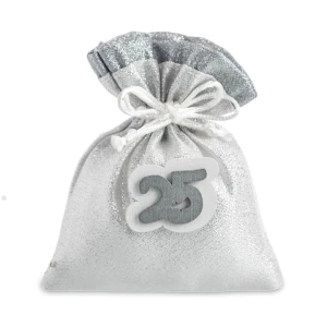 Sacchettino Piatto portaconfetti Argento con Applicazione 25 in Legno OFFERTISSIMA