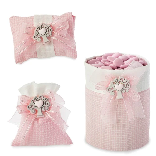 Sacchettini portaconfetti rosa con albero della vita e gessetto cuore