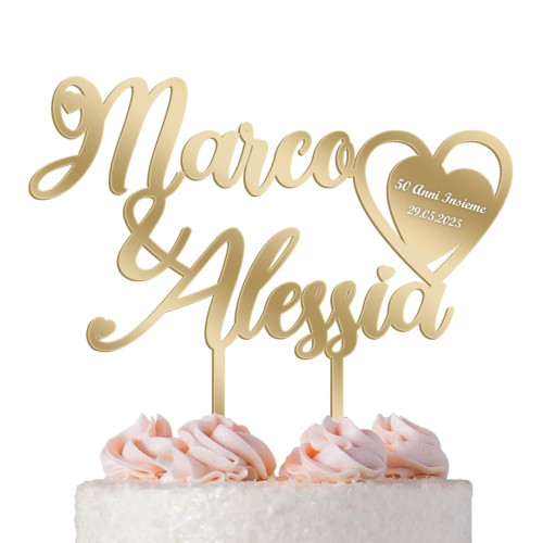 Cake Topper Nozze D'Oro 50° Anniversario Nomi Personalizzati con Cuore