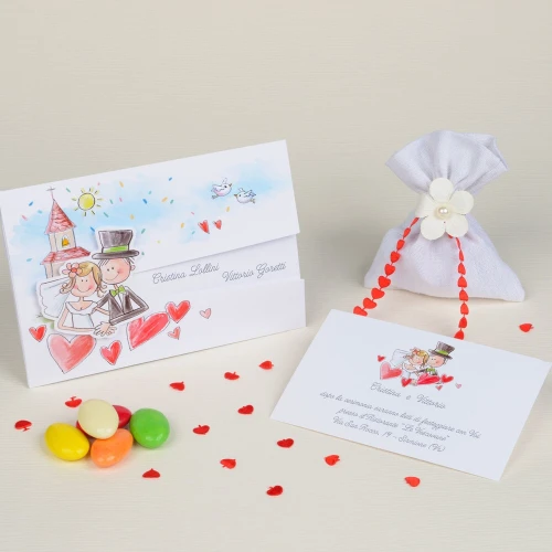 Partecipazioni Matrimonio Originali con sposi disegno stile bambino - Cicogna