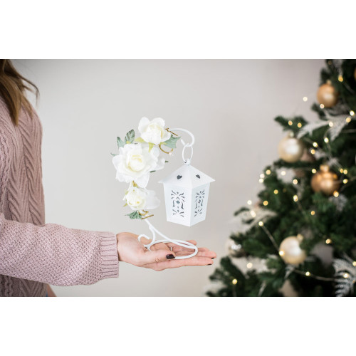 Idea Regalo Natale - Lanterna in metallo con decorazione rose bianche brillantate