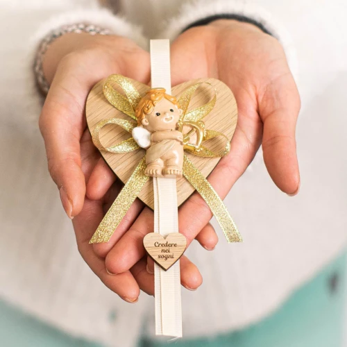 Idea Regalo Natale - Addobbo Ciondolo con cuore in legno e calamita angelo
