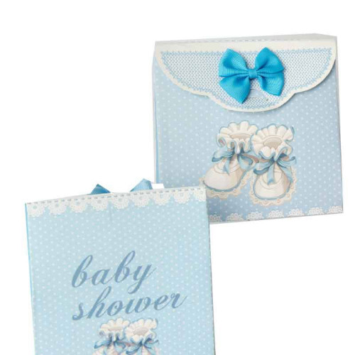 Ultimi 55 pezzi scatoline portaconfetti scritta "baby shower" celeste misura 9x11 cm