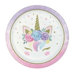 8 piattini di carta 23 cm Festa a Tema Unicorno