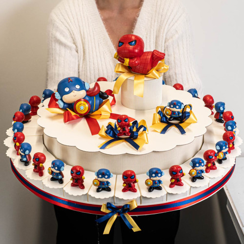 MEGA Torta Bomboniere Battesimo e Comunione Maschio 30 Fette con Spiderman e Capitan America