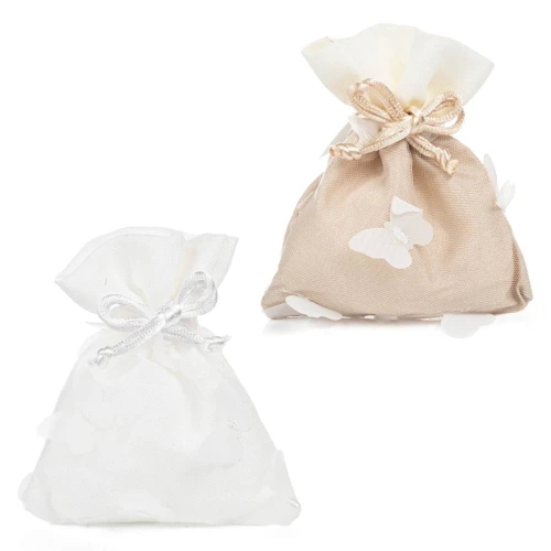 Bomboniere 2026 Linea Butterfly Sacchettini Portaconfetti Bianchi e Tortora