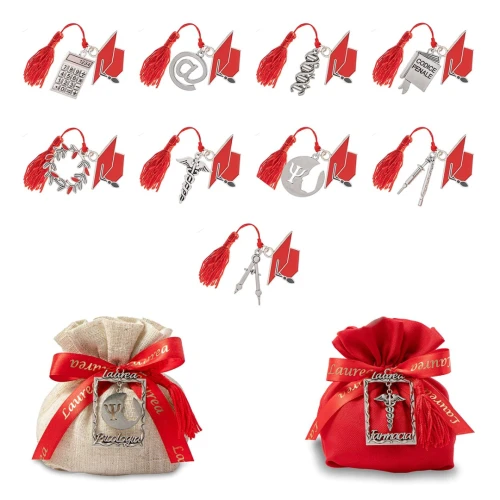 Bomboniere Laurea 2026 Ciondoli in zama cappellino e ciondolo facoltà con nappina rossa