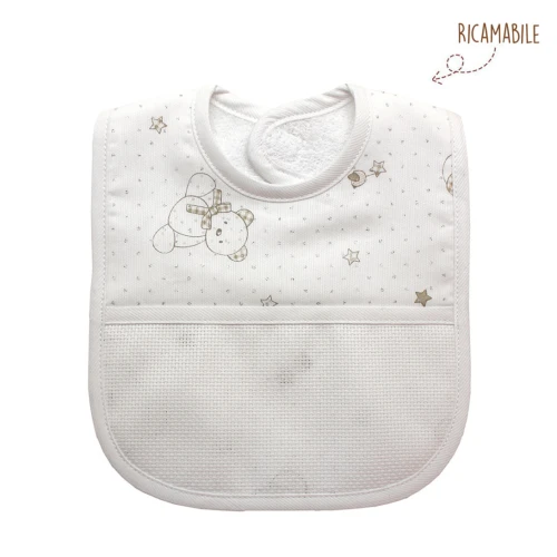Bavaglio orsetto bianco e brillantini con tela ricamabile