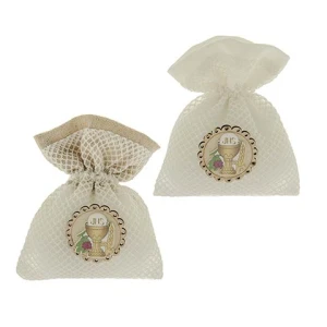 ULTIMI PEZZI 20 Sacchetti bianchi con applicazione simbolo Comunione assortiti in due colori 9x12 cm PREZZO PER TUTTI