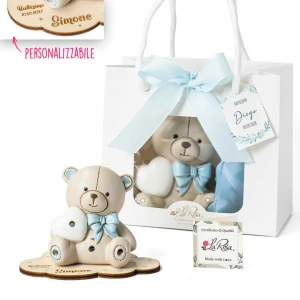 Bomboniere Linea Teo Maschio 2026 Orsetto con fiocco celeste Salvadanaio o Luce LED