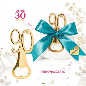 Bomboniere 90° Compleanno Apribottiglia in metallo dorato con strass