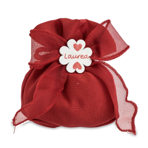Sacchettini portaconfetti Rosso con quadrifoglio bianco con scritta "Laurea"