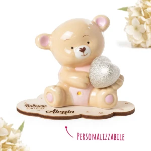 Bomboniera 2026 Battesimo e Nascita Femmina Orsetto Linea PELUCHE in Porcellana Luce LED con Cuore Glitter Personalizzabile
