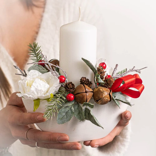 Idea Regalo Natale - Portacandela in ceramica concavo con decorazione natalizia