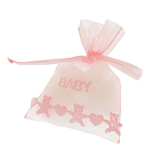sacchetto porta confetti in organza rosa, con orsi e scritta baby, completi di tirante in raso 