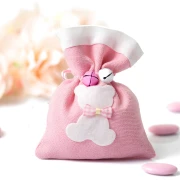 Sacchettino Portaconfetti rosa con orsetto e sonagli in Offerta