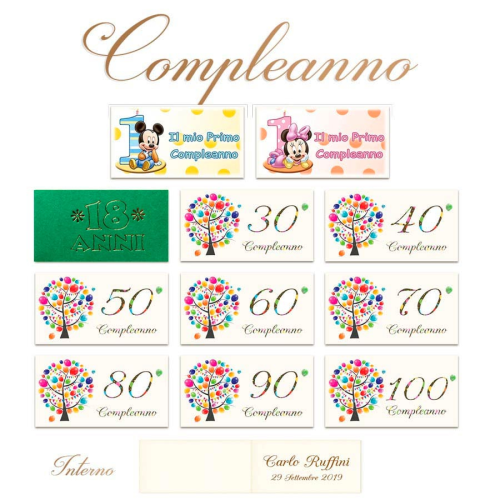 Bigliettini Bomboniere Compleanno 1, 18, 30, 40, 50, 60, 70, 80, 90, 100 anni
