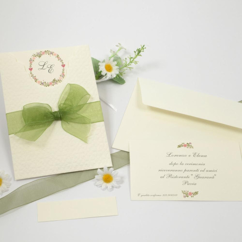 Partecipazione Matrimonio Originale con decori floreali e dettagli verdi - Agata