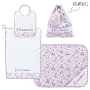 SET ASILO UNICORNI ricamabile con Tovaglia, Salvietta, bavaglio e sacchetto