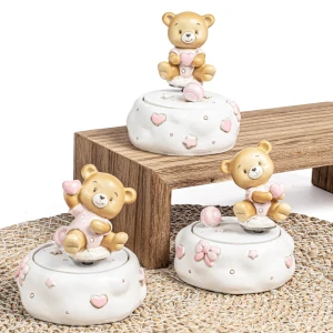 Bomboniere Battesimo e Nascita Bimba 2026 Carillon Orsetto Rosa in resina