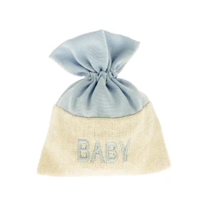 ULTIMI PEZZI 60 Nascita Battesimo Bimbo Sacchettino Piatto con scritta baby ricamata celeste 10x12 cm PREZZO PER TUTTI