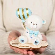 Bomboniera 2026 Battesimo e Nascita Maschio Orsetto PUPO in Resina Luce LED con Palloncino Cuore Celeste Personalizzabile