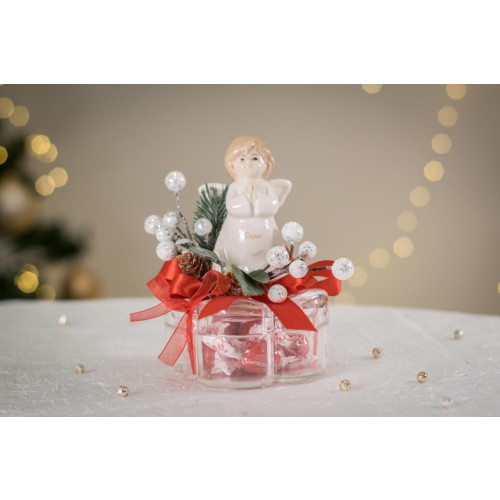 Idea Regalo Natale - Angelo con Scatola, Cioccolatini e decoro rosso