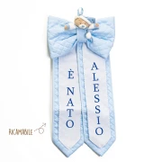 Fiocco Nascita celeste e bianco con orsetto e punto croce