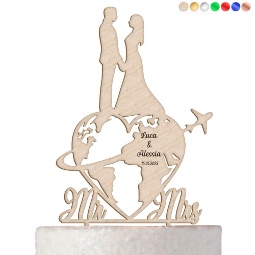 Idea Originale Cake Topper Sposi Tema Viaggio in Plexiglass Colorati e Legno