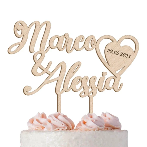 Cake Topper Nomi con Cuore Personalizzabili in Legno Naturale