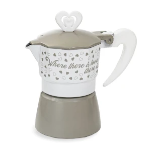 Bomboniere Matrimonio 2027 Moka Caffettiera con pomello cuore,"Where there is love there is life"