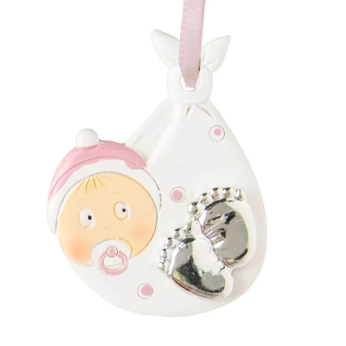 Bomboniera Battesimo bimba fagottino con bimba e piedini argentati